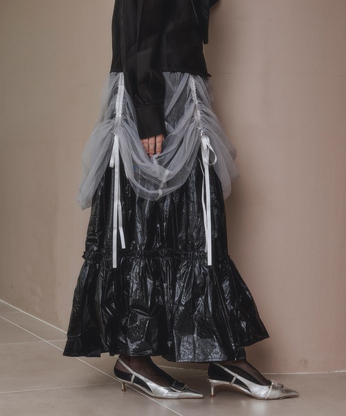 Ezick スカート 2way tulle layered メタリックティアードスカート