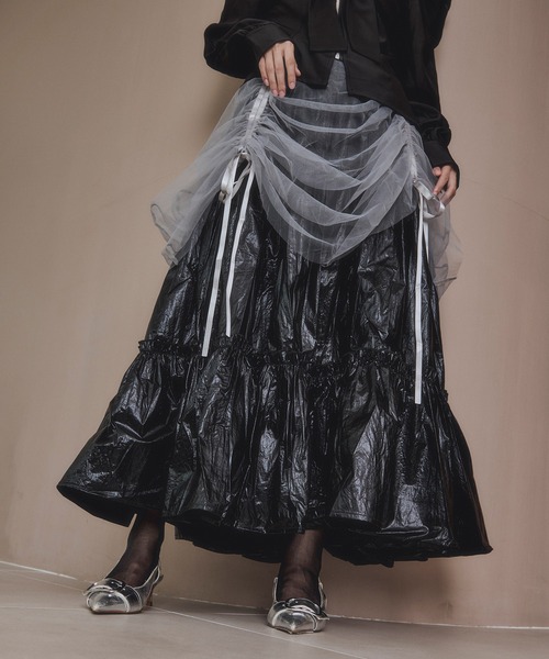 Ezick スカート 2way tulle layered メタリックティアードスカート
