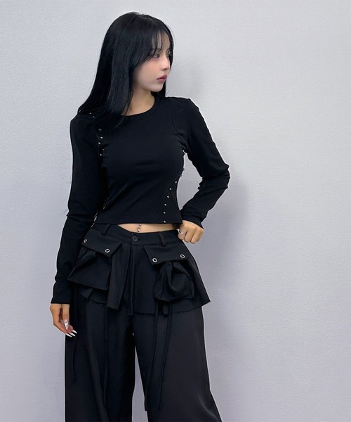 アシンメトリートップス FOLLOWIN（フォロウィン） tシャツ 4COLOR/スタッズアクセント
