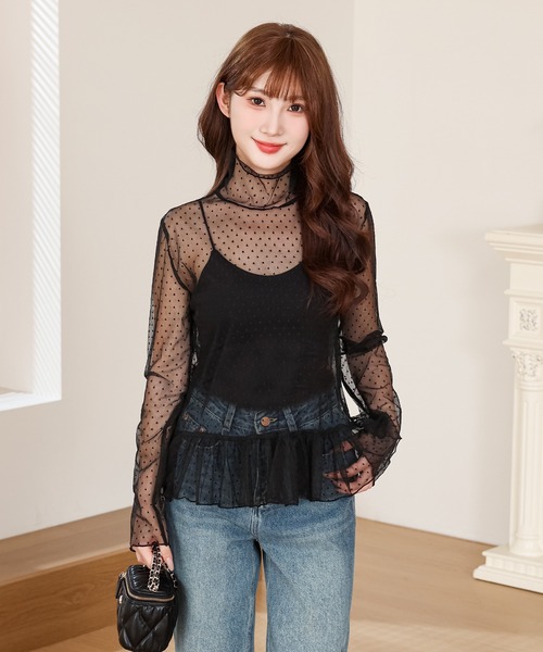 Lace Ladies（レースレディース） ドット柄 シアー ハイネック 裾