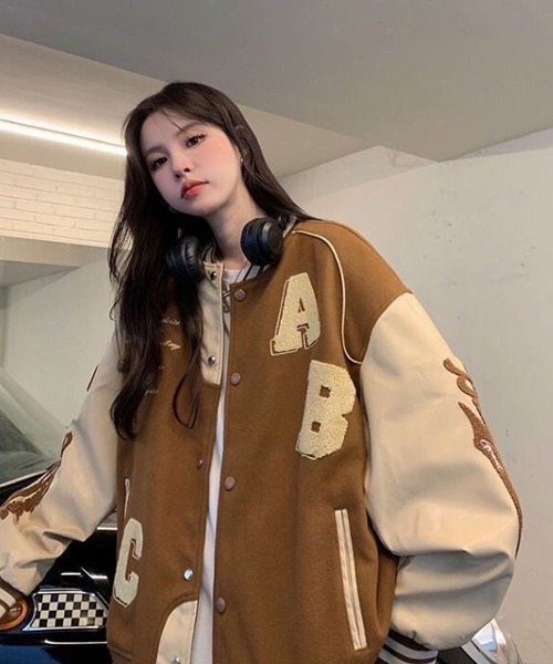 メンズ　スタジャン　茶色　ラージサイズ　袖レザー　希少（く28） Ressaca（レサーカ） スタジャン オーバーサイズサガラ刺繍スタジャン