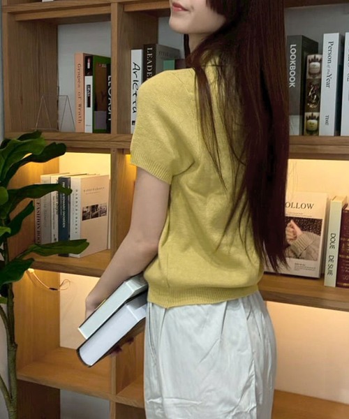 サマーニット ニット セーター プレート付きハーフジップ半袖サマー
