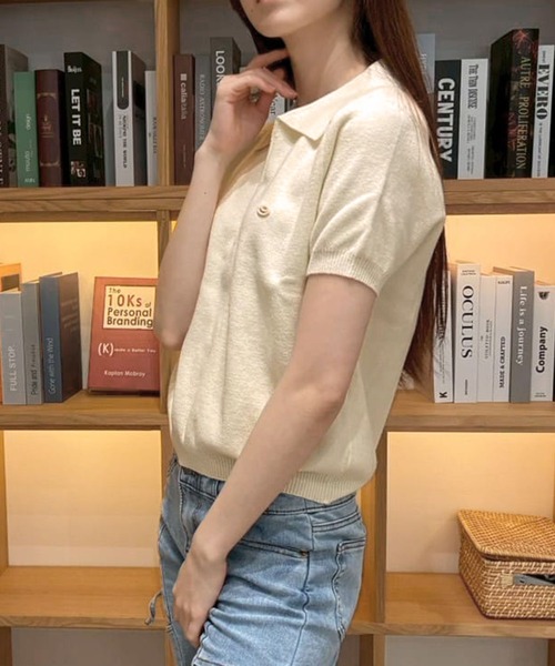 サマーニット ニット セーター プレート付きハーフジップ半袖サマー