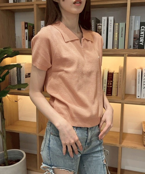 サマーニット ニット セーター プレート付きハーフジップ半袖サマー