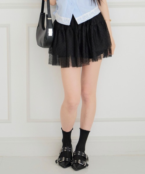 にゅる フリルレース ブラックミニスカート ALLuRing ChaRm スカート 夏 Frilled Lace Dot Mini Skirt / フリル