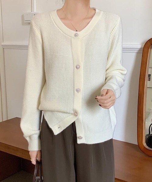 Girly Doll カーディガン ハートボタンワッフルニット