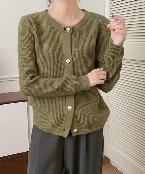 Girly Doll カーディガン ハートボタンワッフルニット
