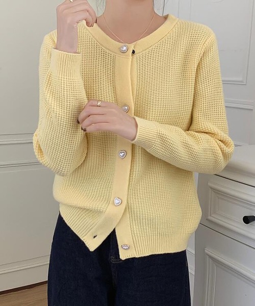 Girly Doll カーディガン ハートボタンワッフルニット