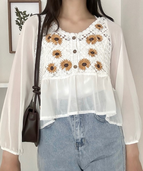 ブラウス シャツ 花柄シアートップス レディース Cham. ブラウス シャツ 花柄切り替えシアートップス レディース