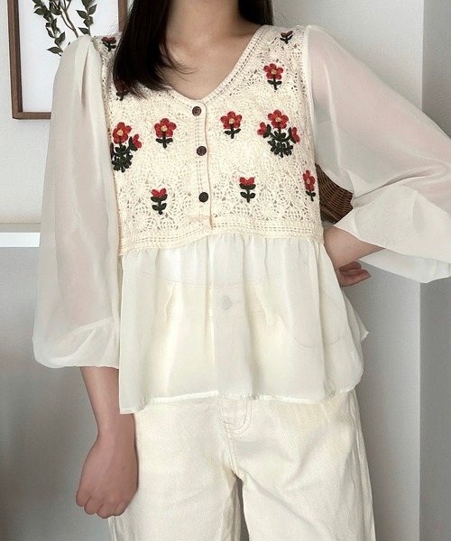 Cham. ブラウス シャツ 花柄切り替えシアートップス レディース