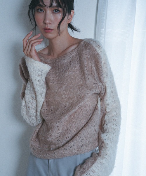「Nora Lily」「elle」Bi-color Asymmetry Neck Kitting Top レディース Nora Lily 「Nora Lily」「elle」Bi-color Asymmetry Neck