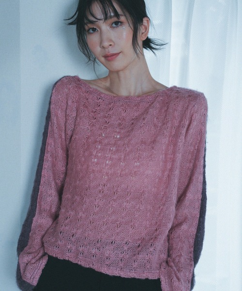 「Nora Lily」「elle」Bi-color Asymmetry Neck Kitting Top レディース