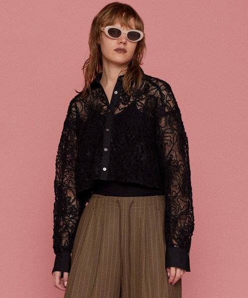 ブラウス シャツ Embroidery Lace Fabric Short Length Shirt/エンブロイダリーレースショートシャツ「MAISO