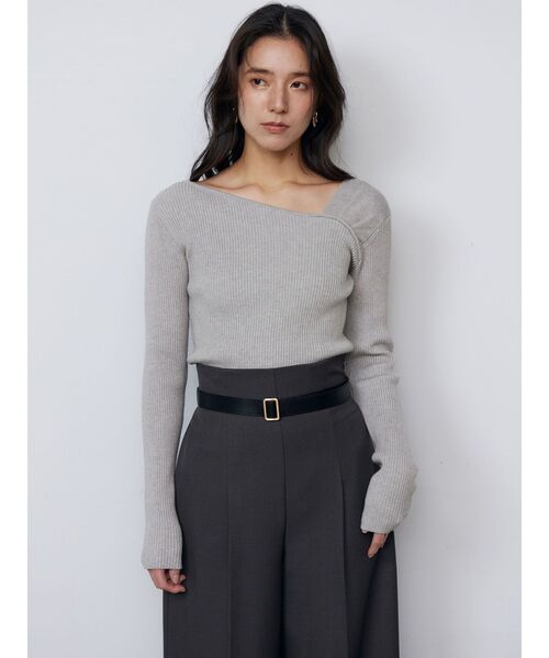 roku♡ノルディック アシンメトリー ニット moment+ ニット セーター アシンメトリーネックSS半袖リブニットプル