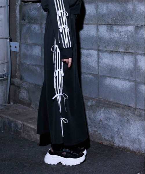 axes femme POETIQUE スカート ペチ付リボンラインロングスカート