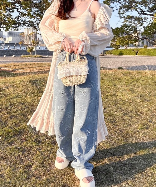 ジーンズ デニム デニムパンツ 低身長OKフラワージャガード
