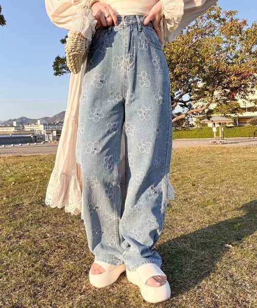 ok.sooon　ピカデリー　デニム　パンツ　サイズ3 ジグザグステッチのデニムパンツ ブルー×ホワイト（サイズ3