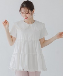 新品未使用♡ ドット刺繍スカラップカラーギャザートップス　 半袖fitmore Fit more ドット刺繍スカラップカラーギャザートップス