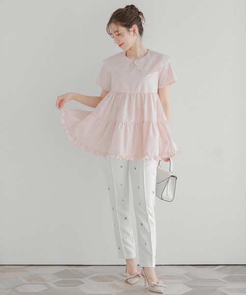 新品未使用♡ ドット刺繍スカラップカラーギャザートップス　 半袖fitmore Fit more ドット刺繍スカラップカラーギャザートップス