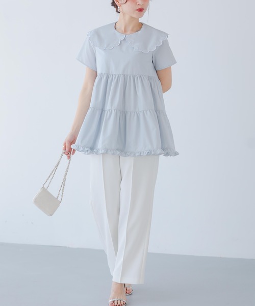 Fit more ドット刺繍スカラップカラーギャザートップス