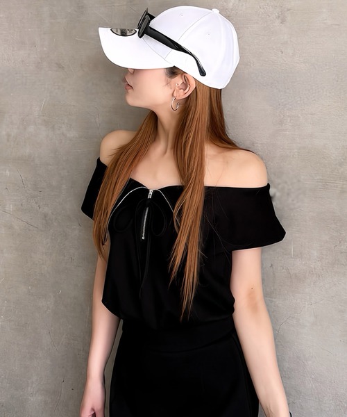 tシャツ ハーフZIPオフショルカットトップス レディース