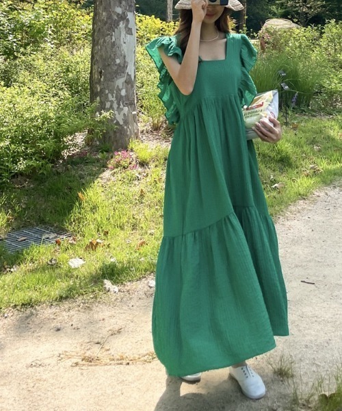 Qutie Frash ノースリーブロングワンピース 緑 Dream garden（ドリームガーデン） ワンピース ノースリーブ フリル袖