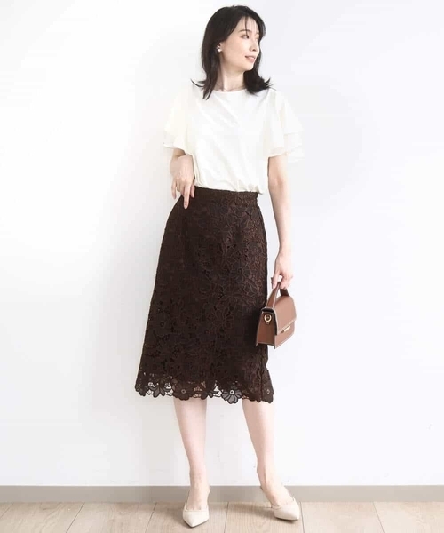 OFUON（オフオン） スカート フラワーレースタイトスカート/洗える