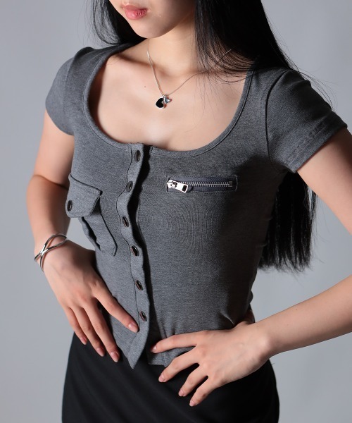 NANAHACHI tシャツ スリムフィットジッパーポケットTシャツ レディース
