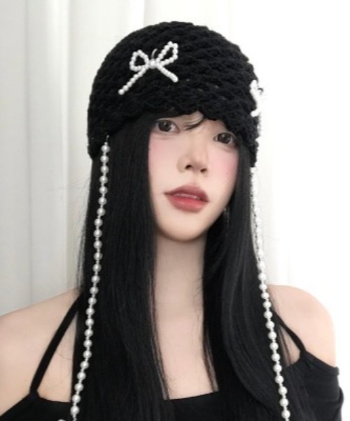 ブラックニット帽 リボン付き SHIPS（シップス） ニット帽 ニットキャップ 2WAY リボン ニット