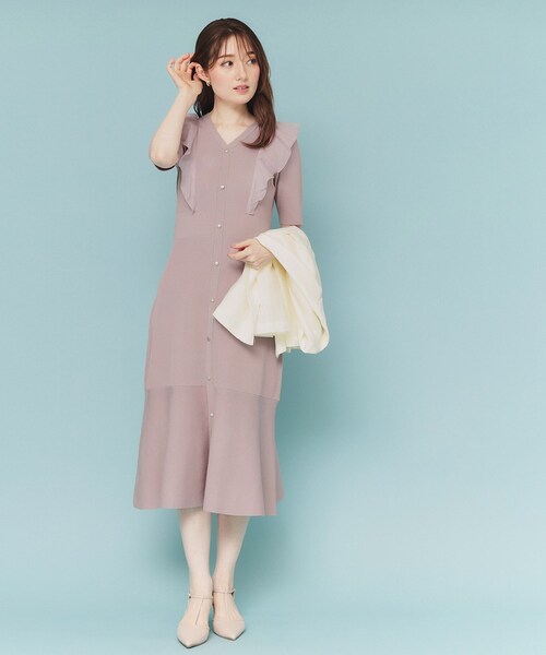 新品タグ付き TO BE CHIC フリル ストレッチ ワンピース 40 index（インデックス） ワンピース フリルドッキングニットワンピース