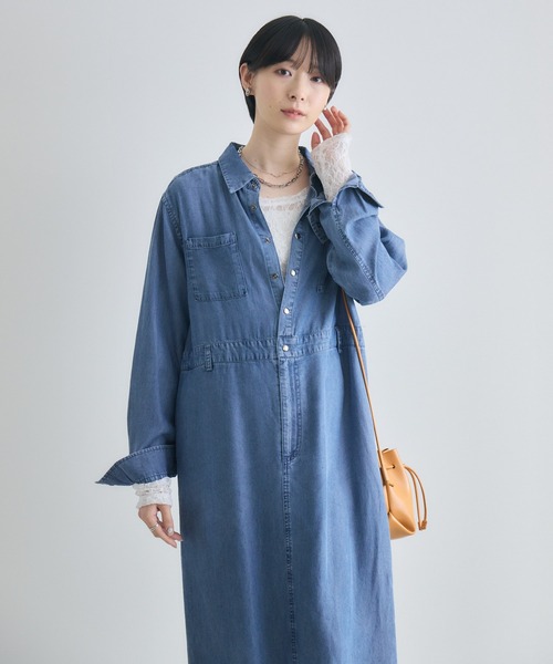 美品♪イエナ テンセル 胸ポケットシャツ ワンピース 長袖 ロングシャツ 日本製 DouDou（ドゥドゥ） ワンピース テンセルロングシャツドレス