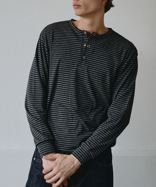 Adoon plain ヘンリーネック tシャツ Snap Button Rib Henry Neck Long