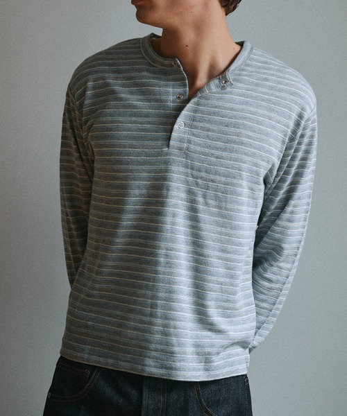 Adoon plain ヘンリーネック tシャツ Snap Button Rib Henry Neck Long