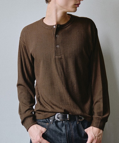 Adoon plain ヘンリーネック tシャツ Snap Button Rib Henry Neck Long
