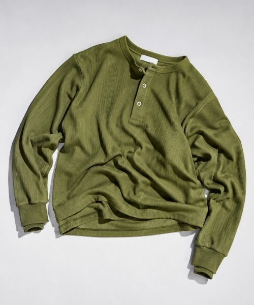 Adoon plain ヘンリーネック tシャツ Snap Button Rib Henry Neck Long