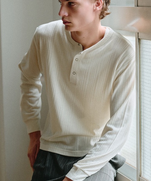 Adoon plain ヘンリーネック tシャツ Snap Button Rib Henry Neck Long