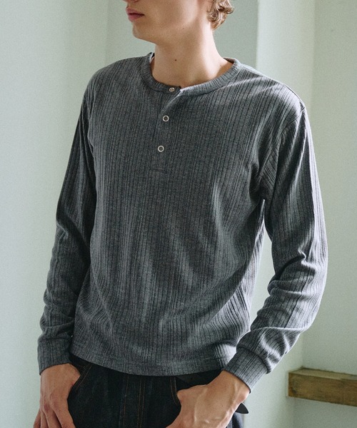 Adoon plain ヘンリーネック tシャツ Snap Button Rib Henry Neck Long