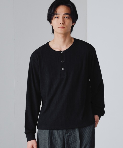 Adoon plain tシャツ Snap Button Henry Neck Long Sleeve T