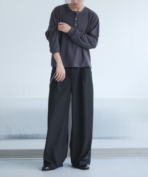 Adoon plain tシャツ Snap Button Henry Neck Long Sleeve T