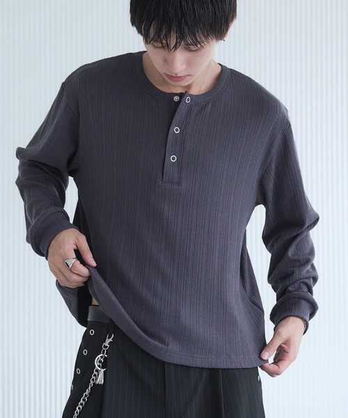 Adoon plain tシャツ Snap Button Henry Neck Long Sleeve T