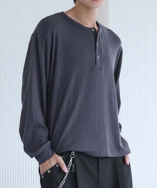 Adoon plain tシャツ Snap Button Henry Neck Long Sleeve T