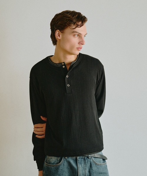 Adoon plain ヘンリーネック tシャツ Snap Button Rib Henry Neck Long