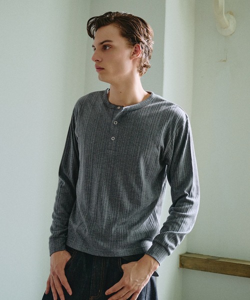 Adoon plain ヘンリーネック tシャツ Snap Button Rib Henry Neck Long