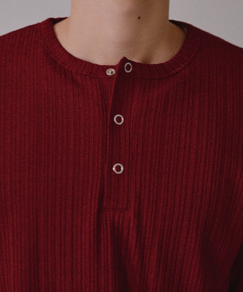 Adoon plain ヘンリーネック tシャツ Snap Button Rib Henry Neck Long