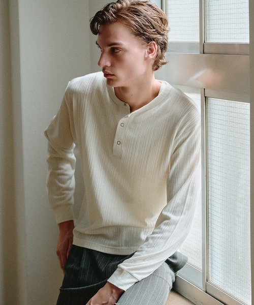Adoon plain ヘンリーネック tシャツ Snap Button Rib Henry Neck Long