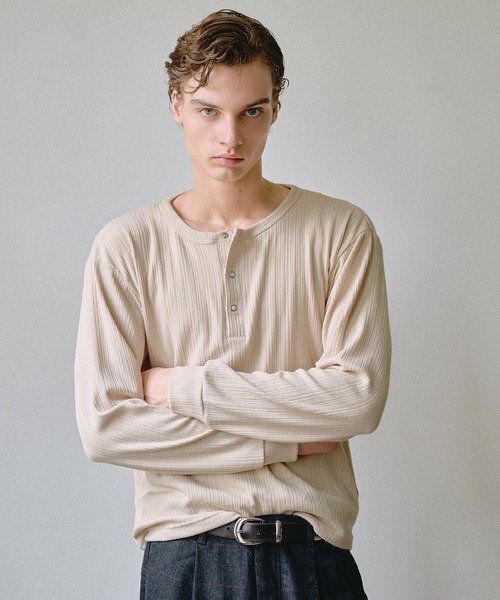 Adoon plain ヘンリーネック tシャツ Snap Button Rib Henry Neck Long