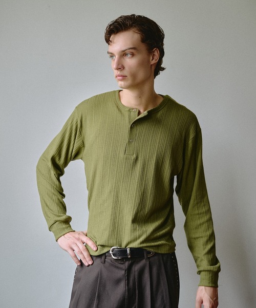 Adoon plain ヘンリーネック tシャツ Snap Button Rib Henry Neck Long