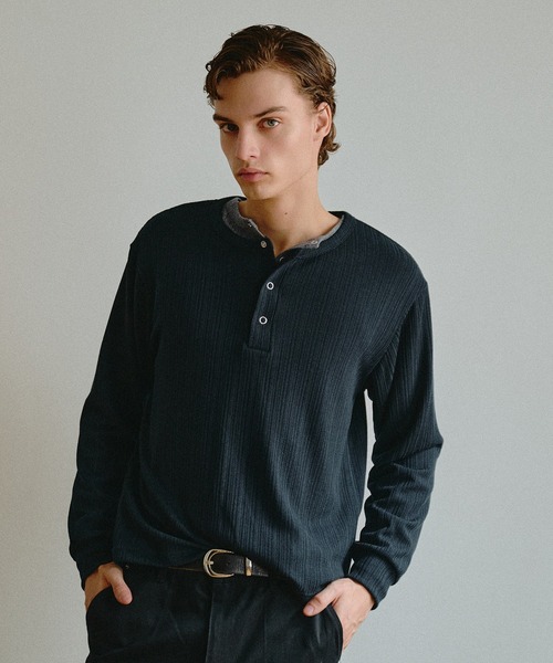 Adoon plain ヘンリーネック tシャツ Snap Button Rib Henry Neck Long