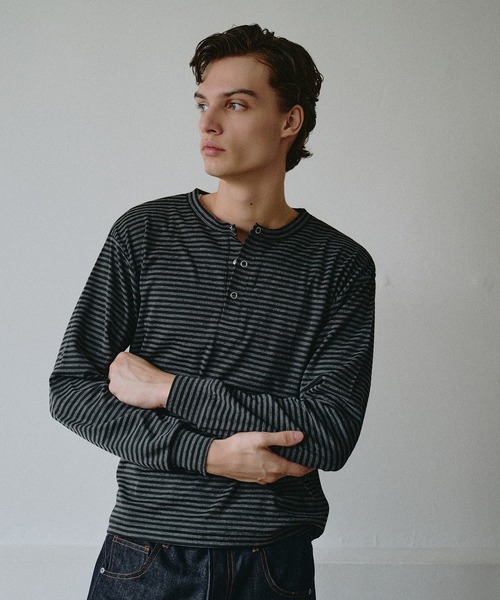 Adoon plain ヘンリーネック tシャツ Snap Button Rib Henry Neck Long
