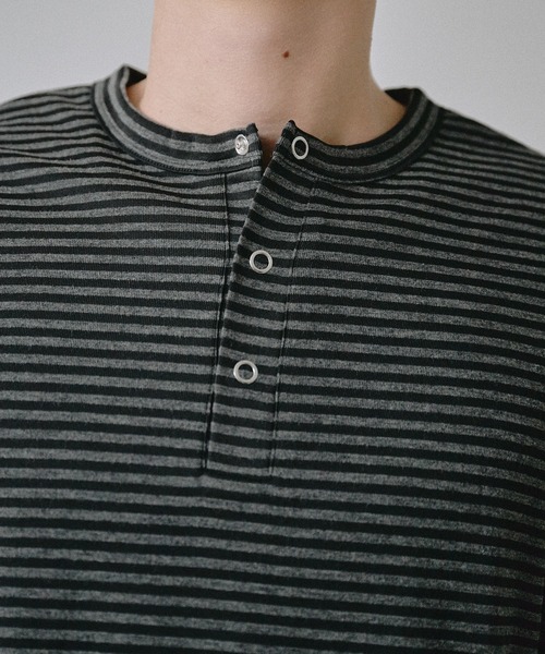 Adoon plain ヘンリーネック tシャツ Snap Button Rib Henry Neck Long